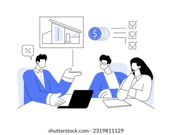 Real estate agent consulting clients abstract concept vector illustration. Professional real estate agent talking with clients, contracting broker, consulting people process abstract metaphor.