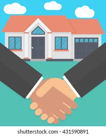 Real estate agent and customer making a deal concept. Handshake with a house in the background. Flat design