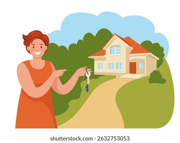 Agente imobiliário, mulher bonita mostra uma casa nova, entrega as chaves