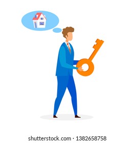 Real Estate Agent, Dealer Flat Vector Illustration. Young Businessman in Suit Holding Huge Key. Realtor, Broker Profession, Realty Sale Agency Worker, House Seller. Speech Bubble with Building