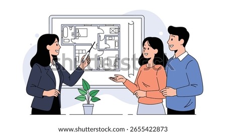 Real estate agent explains floor plan to potential homebuyers