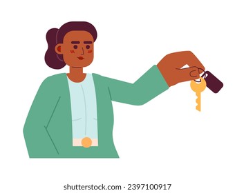 Real estate agent female giving key 2D cartoon character. African american realtor isolated vector person white background. House rental. Black woman professional color flat spot illustration
