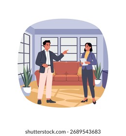 Agente inmobiliario finalizando la oferta de la casa en la ilustración de la sala de estar
