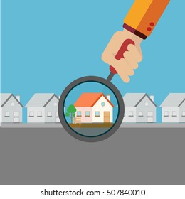 Real estate agent finding your dream home with a magnifying glass vector concept.
