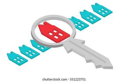 Real estate agent finding your home with magnifying glass. Vector concept. That could mean rent, search, purchase real estate. Searching or analyzing sales of houses, isolated on white background.