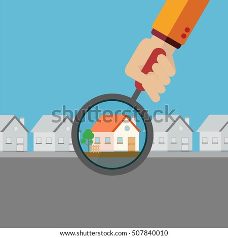 Real estate agent finding your dream home with a magnifying glass vector concept.