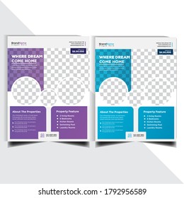 Vorlage für Immobilienmakler Flyer & Poster.Vorlage für Broschüren, Geschäftsbericht für das Cover-Design, Zeitschrift, Flyer oder Broschüre in A4 mit blauen geometrischen Formen auf mehrfarbigem Hintergrund