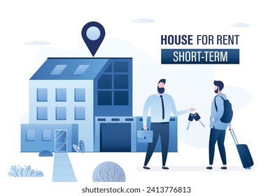 Der Immobilienmakler gibt dem Kunden Schlüssel. Männliches Ferienhaus für kurze Zeit. Grosses Landhaus mit Garage auf Hintergrund. Konzept der kurzfristigen Vermietung und Buchung. Trendflache Vektorgrafik