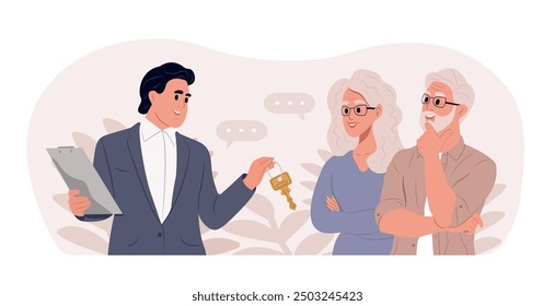 Real estate agent gives the keys to an elderly couple's house. Mature man and woman celebrating buying a house. Bank mortgage or loan for the elderly.