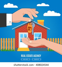 Real Estate Agent Giving House Key To Buyer On Blue Background. Vector Illustration