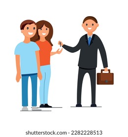 Real estate agent giving key to happy family flat vector illustration
