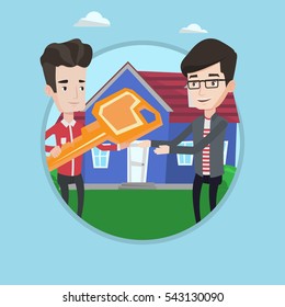 Agente inmobiliario dando la llave a un nuevo propietario de una casa. Agente inmobiliario que pasa las llaves de la casa al cliente. Hombre comprando una casa nueva. Ilustración de diseño plana vectorial en el círculo aislado en el fondo.