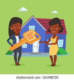Real estate agent giving key to a new owner of house. African-american real estate agent passing house keys to a new owner. Woman buying a new house. Vector flat design illustration. Square layout