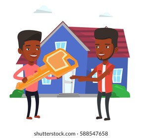 Real estate agent giving key to a new owner of house. Young real estate agent passing house keys to a new owner. Man buying a new house. Vector flat design illustration isolated on white background.