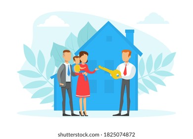 Real Estate Agent Giving Keys From New House To Family, People Buying Or Renting Home Flat Vector Illustration