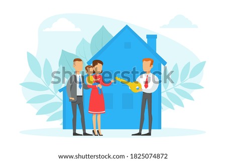Real Estate Agent Giving Keys from New House to Family, People Buying or Renting Home Flat Vector Illustration