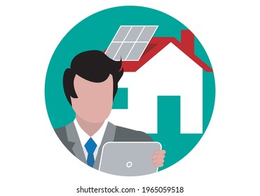 
Real Estate Agent In Gray Suit And A House With Solar Panels In The Background And Inside A Green Circle. Home Owner