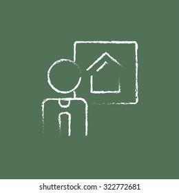 Real estate agent hand drawn in chalk on a blackboard vector white icon isolated on a green background.