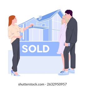 Real estate agent handing house keys to a couple in front of a sold sign with a house outline, flat graphic style, on a white background. Concept of home buying. Vector illustration