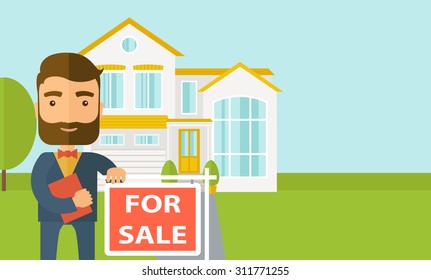 A Real Estate Agent Holding The Document For The For Sale House. Vector Flat Design Illustration. Horizontal Layout With Text Space In Right Side.