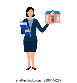 Real estate agent holding a house model in flat design on white background.