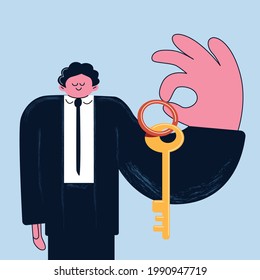 The real estate agent holding a key in his big hand. Abstract concept  of real estate service. Flat vector illustration of realty service. Apartment for rent, for sale, residential property market.