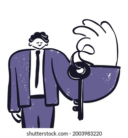 The real estate agent holding a key in his big hand. Concept of real estate service. Cool hand drawn vector illustration style of realty service. Apartment for rent, for sale, residential pro