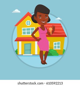 Real estate agent holding key. Real estate agent with key standing on the background of the house. Happy new owner with house key. Vector flat design illustration in the circle isolated on background.