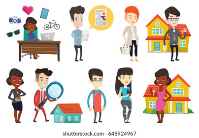 Real estate agent holding keys. Real estate agent standing with keys on the background of house. Happy new owner with house keys. Set of vector flat design illustrations isolated on white background.