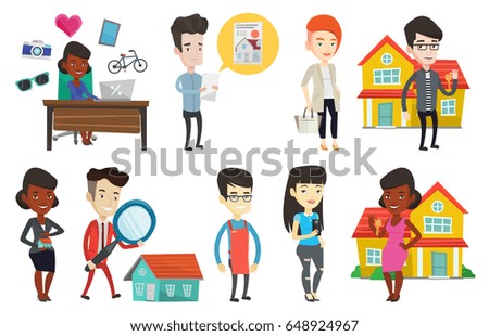 Real estate agent holding keys. Real estate agent standing with keys on the background of house. Happy new owner with house keys. Set of vector flat design illustrations isolated on white background.