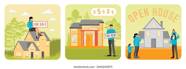 A real estate agent holding a sale sign. Man holding a 'For Rent' sign in front of a house. A family viewing a house during an open house tour. Real estate listing services concept.