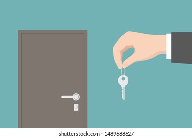 Real estate agent holds door key in his hand. Vector illustration.