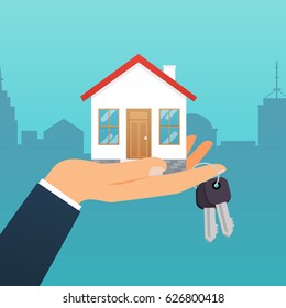 Real estate agent holds the key from the home. Offer of purchase house, rental of Real Estate. Flat design modern vector illustration concept.