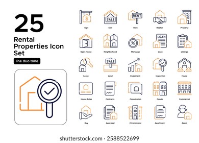 Real Estate Agent and Home Buying Process. Property Deals, Sales, and House Keys. Vector Illustration. Oultine duo tone icon set