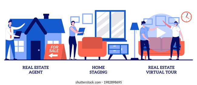 Real Estate Agent, Home Staging, Real Estate Virtual Tour Concept With Tiny People. Real Estate Buying Experience Vector Illustration Set. Sale Preparation, Listing Video Walk-through Metaphor.