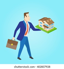 Real estate agent with a house model for sale. Vector illustration.
