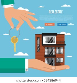 Real estate agent with house model and key vector illustration. Commercial background. Real estate business concept with house. Family dream home. Trading house. Advertising company, online business