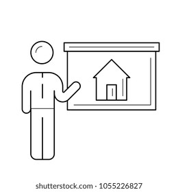 Real estate agent at house presentation line icon isolated on white background. Vector line icon of real estate agent for infographic, website or app.