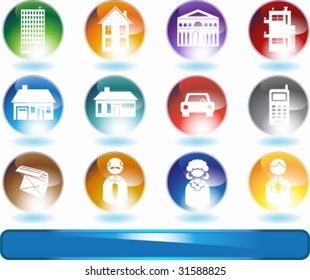 Juego de iconos del agente inmobiliario: Propiedad y botones temáticos de personas.