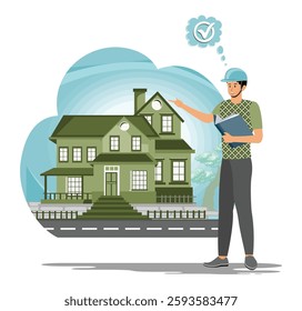 Real estate agent inspecting a house. Inspector Examining Green House Property with Checklist and Thought Cloud. Flat vector modern illustration 