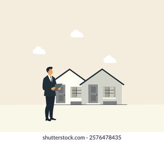 Real estate agent inspecting residential houses with a clipboard, symbolizing property investment, housing market analysis, and realty business. Clean flat design