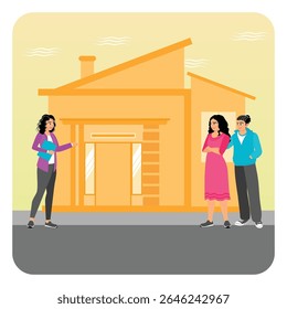 A real estate agent introduces a potential new home to a couple during a open house event. Real estate broker concept.