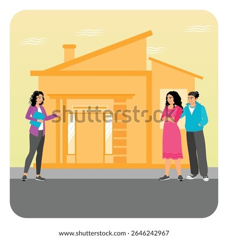 A real estate agent introduces a potential new home to a couple during a open house event. Real estate broker concept.