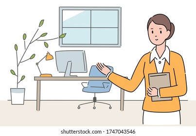 A real estate agent is introducing the office. hand drawn style vector design illustrations. 