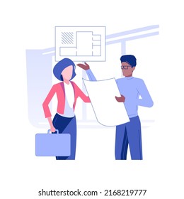 Real estate agent isolated concept vector illustration. Realtor with customers in empty building, buying agent talks with clients, showing assistant, brokerage company business vector concept.