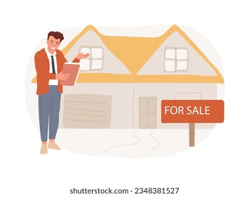 Real estate agent isolated concept vector illustration. Real estate market, agent demonstrating house, buying new appartment with a realtor, commercial property investment vector concept.