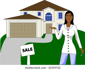 A real estate agent with keys advertising a house for sale.