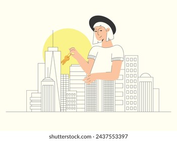 Agente inmobiliario con las llaves ilustración plana. Comprar concepto de propiedad. Mujer de negocios.