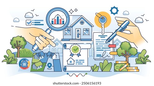 La Licencia del agente inmobiliario y el documento oficial de certificación describen el concepto de manos. Documentación de corredores de propiedades de Profesional sobre el conocimiento y la capacidad de vender Ilustración vectorial de casas.