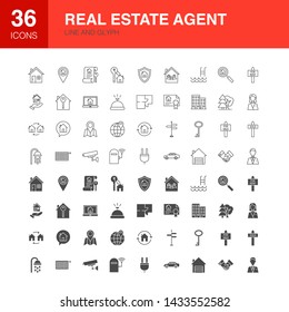 Real Estate Agent Line Web Glyph Icons. Vector Illustration of Building Outline and Solid Symbols. 